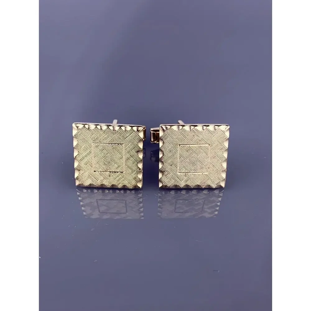 Square Carved Edge Gold Tone Cufflinks Textured Face Simple Vintage